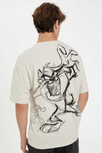 %100 Pamuk Looney Tunes Boxy Fit Bisiklet Yaka Sırt Baskılı Pamuklu Kısa Kollu Tişört