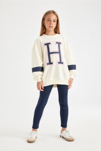 Kız Çocuk 2'li Takım Bisiklet Yaka Baskılı Sweatshirt Uzun Basic Düz Tayt