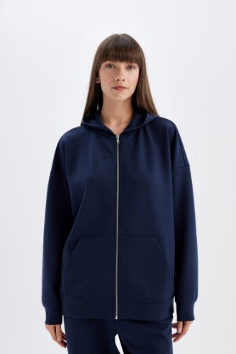 Oversize Geniş Kalıp Kapüşonlu Basic Düz Skuba Dalgıç Kumaş Cepli Fermuarlı Sweatshirt