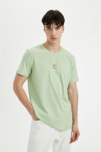 Slim Fit Dar Kesim Bisiklet Yaka Baskılı Kısa Kollu Tişört