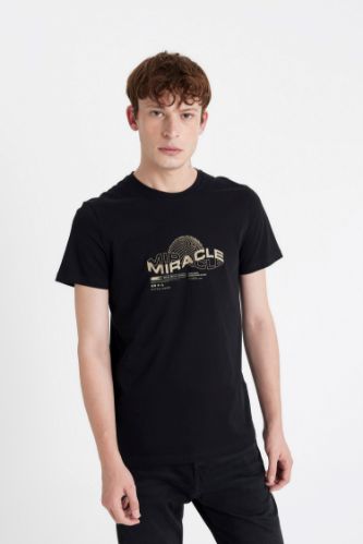Slim Fit Dar Kesim Bisiklet Yaka Baskılı Kısa Kollu Tişört