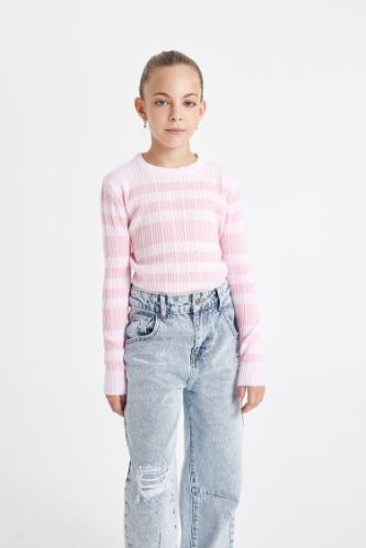 Kız Çocuk Pembe Çizgili Standart Fit Bisiklet Yaka Dar Triko Kazak