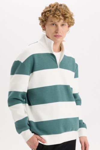 Boxy Fit Dik Yaka Yarım Fermuarlı Çizgili Sweatshirt
