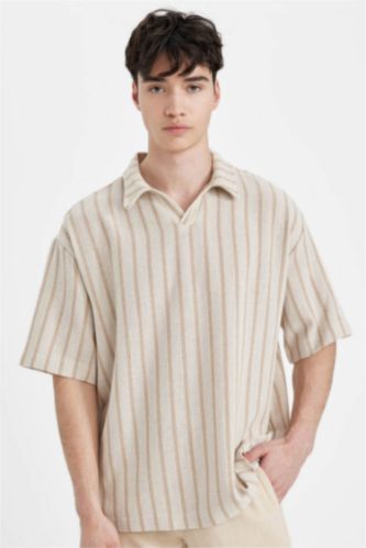 Erkek Bej Oversize Geniş Kalıp Yazlık Polo Yaka Çizgili Kısa Kollu Gömlek