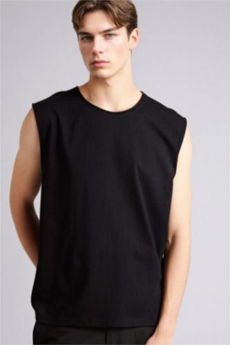 Erkek Siyah %100 Pamuk Boxy Fit Bisiklet Yaka Basic Düz Atlet