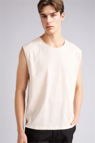 Erkek Ekru %100 Pamuk Boxy Fit Atlet