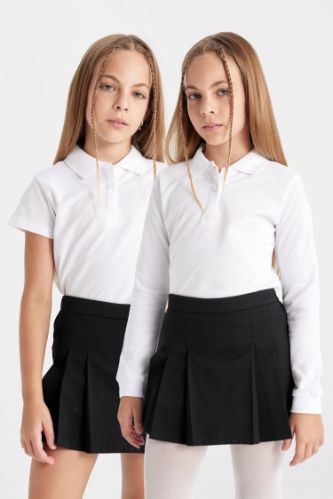 Kız Çocuk Slim Fit Dar Kesim Polo Yaka Basic Düz Pike 2'li Okul Tişörtü