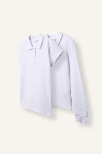 FILLES Blanc Lot de 2 Polos en piqué basique 100% coton à manches longues et manches courtes pour fille