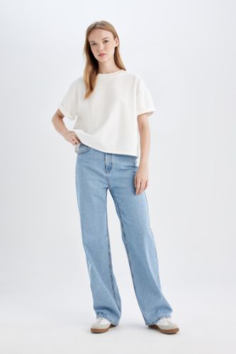 90's Wide Leg Yüksek Bel Paça Ucu Kesik Uzun Jean Yıkamalı Pantolon