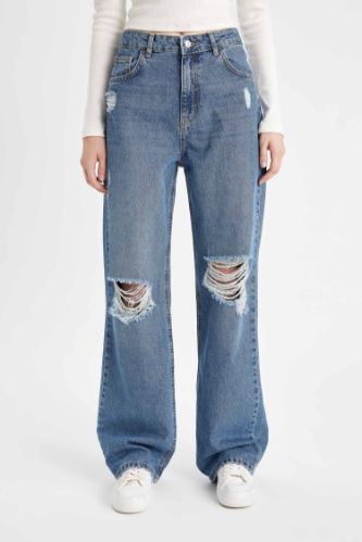 90's Wide Leg Yırtık Detaylı Yüksek Bel Uzun Jean Yıkamalı Pantolon