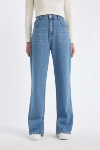 نساء أزرق بنطلون جينز وايد ليج برجل واسع وخصر عالي