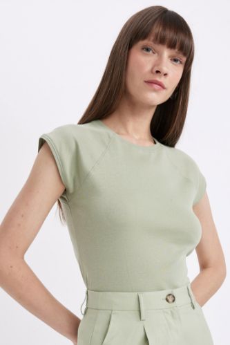 Slim Fit Dar Kesim Bisiklet Yaka Ribana Basic Düz Kısa Kollu Tişört