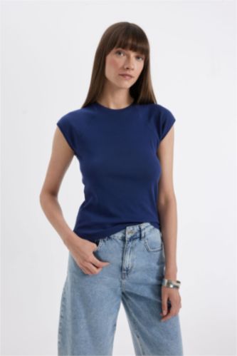 WOMAN NAVY Slim Fit Ribana Short Sleeve T-Shirt