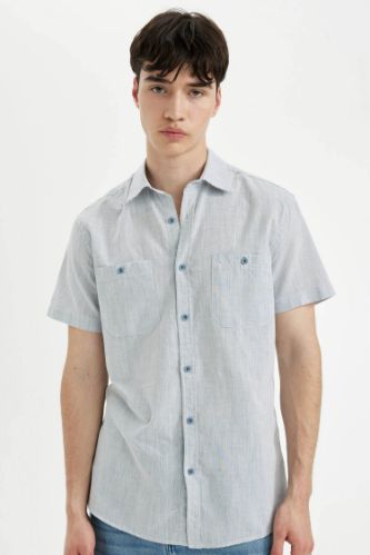 Slim Fit Dar Kesim Yazlık Çizgili Pamuklu Kısa Kollu Gömlek