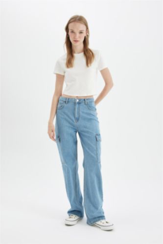 90's Wide Leg Yüksek Bel Uzun Jean Yıkamalı Pantolon