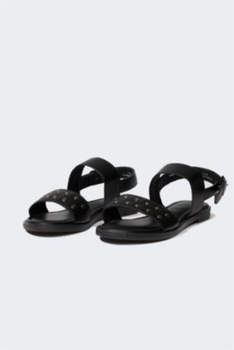 FEMME Noir Sandales à enfiler à Semelle Plate pour Femme