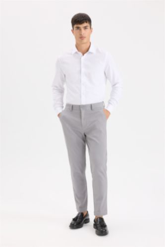 Men Grey Melange Tailored Fit Straight Leg Stretch Trousers