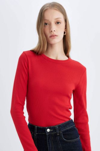 Slim Fit Dar Kesim Bisiklet Yaka Fitilli Kaşkorse Basic Düz Uzun Kollu Tişört