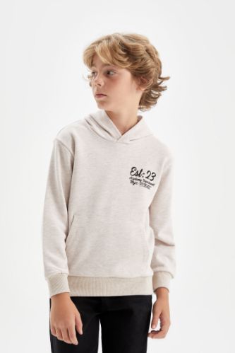 Beige BOYS TEENS Boy Printed Hooded School Sweatshirt 3133633 DeFacto