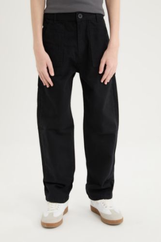 Erkek Çocuk Loose Fit Standart Paça Kargo Cepli Basic Düz Gabardin Siyah Pantolon