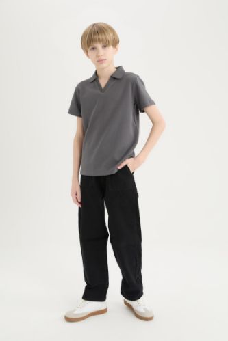 Erkek Çocuk Loose Fit Standart Paça Kargo Cepli Basic Düz Gabardin Siyah Pantolon