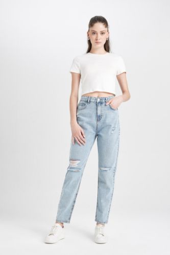 Lina Mom Fit Yıkamalı Jean Pantolon Yırtık Detaylı Yüksek Bel Bilek Boy