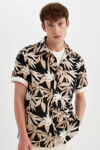 Regular Fit Yazlık Hawaii Baskılı Pamuklu Kısa Kollu Gömlek