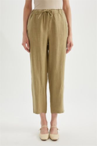 نساء كاكي فاتح High Waist Short Leg Linen Trousers