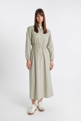 Regular Fit Fermuarlı Dik Yaka Basic Düz Poplin Uzun Kollu Maxi Elbise
