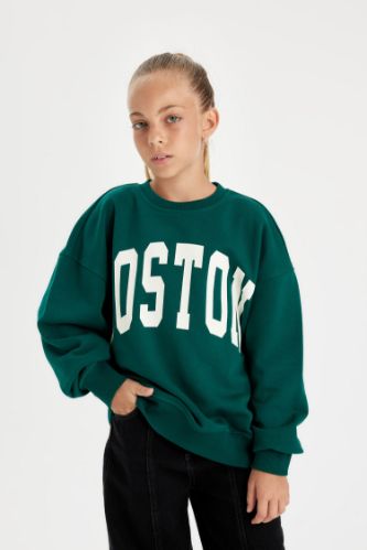 Kız Çocuk Oversize Geniş Kalıp Bisiklet Yaka Baskılı Okul Sweatshirt