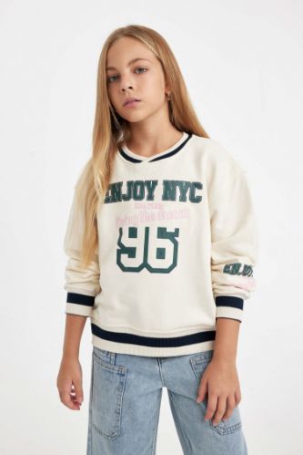 Kız Çocuk Relax Fit V Yaka Yazı Baskılı Okul Sweatshirt
