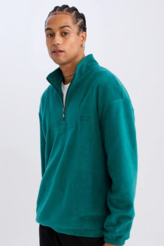 Comfort Regular Fit Rahat Kalıp Dik Yaka Baskılı Polar Sweatshirt