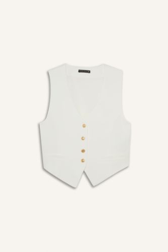Crop V Yaka Keten Karışımlı Blazer Yelek
