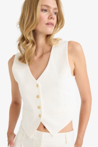 Crop V Yaka Keten Karışımlı Blazer Yelek