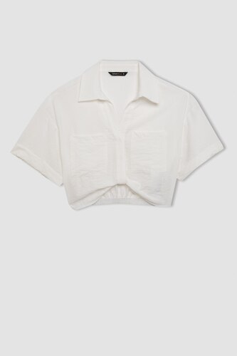 Shirt Collar Twill Short Sleeve Crop Blouse