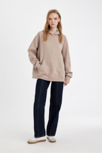 Oversize Geniş Kalıp Kapüşonlu Kanguru Cepli Kalın Basic Düz Sweatshirt