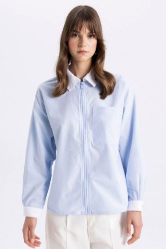 Relax Fit Fermuarlı Poplin Uzun Kollu Gömlek Tunik