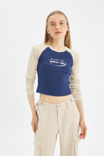 WOMAN Indigo Fitted Crew Neck Ribbed Camisole Printed T-Shirt