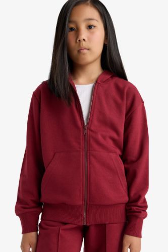 Kız Çocuk Basic Düz Kapüşonlu Fermuarlı Sweatshirt