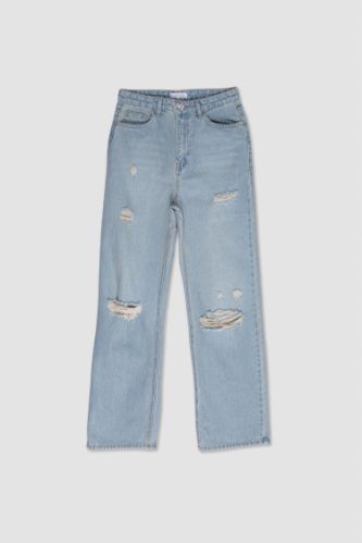 90's Wide Leg Ripped Detailed High Waist Long Jeans