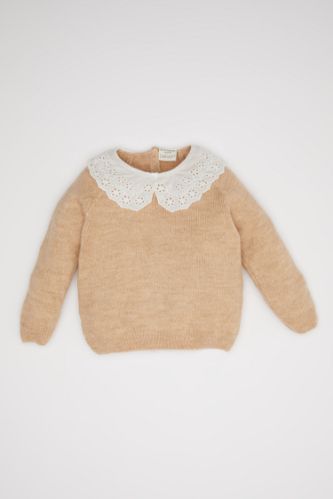 Baby Girl Beige Lace Look Collar Knitted Pullover