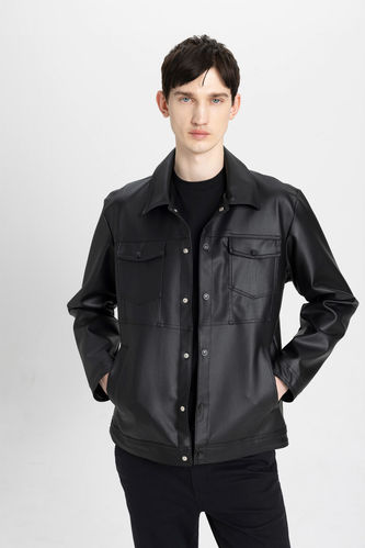 Slim Fit Shirt Collar Taffeta Faux Leather Jacket