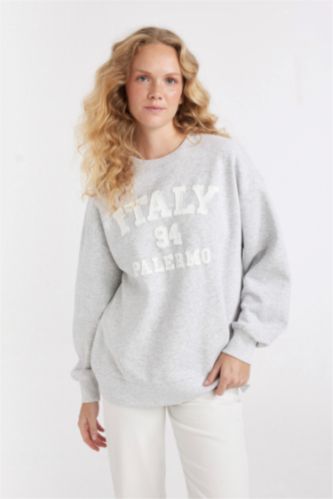 Женщины Серый меланж Свитшот оверсайз с принтом с круглым вырезом