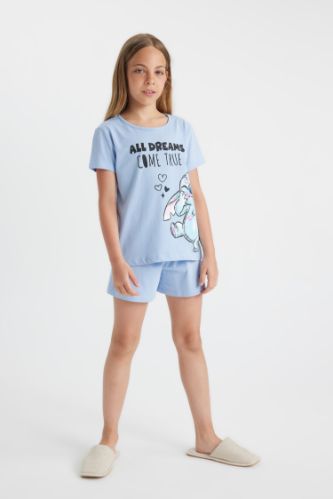 FILLES Bleu Ensemble Pyjama Jersey à Manches Courtes et Short Disney Lilo & Stitch pour Fille - 2 Pièces