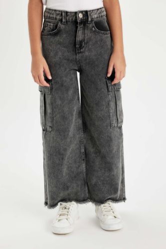 Kız Çocuk Wide Leg Kargo Cepli Geniş Bol Paça Jean Pantolon