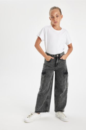 Kız Çocuk Wide Leg Kargo Cepli Geniş Bol Paça Jean Pantolon