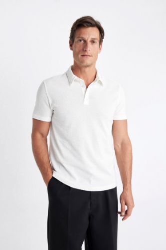 Slim Fit Dar Kesim Dar Kesim Kısa Kollu Dokulu Polo Tişört