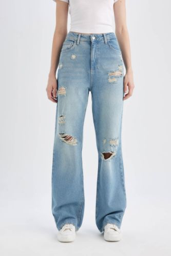 90's Wide Leg Yüksek Bel Geniş Paça Yırtık Detaylı Uzun Jean Pantolon
