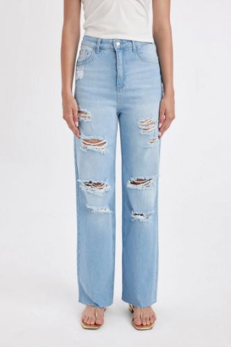 90's Wide Leg Yüksek Bel Geniş Paça Yırtık Detaylı Yıkamalı Jean Pantolon