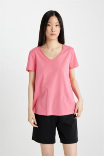 WOMAN Pink Regular Fit V Neck Short Sleeve T-Shirt